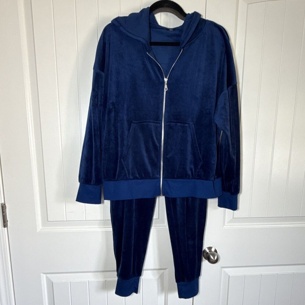Felina Blue Velour Tracksuit Set Full Zip Hooded Jacket & Pants XL